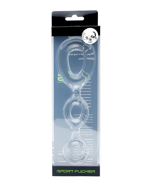 Sport Fucker 3 Way Clear super stretchy TPR multifunctional cock, ball, and shaft ring in packaging
