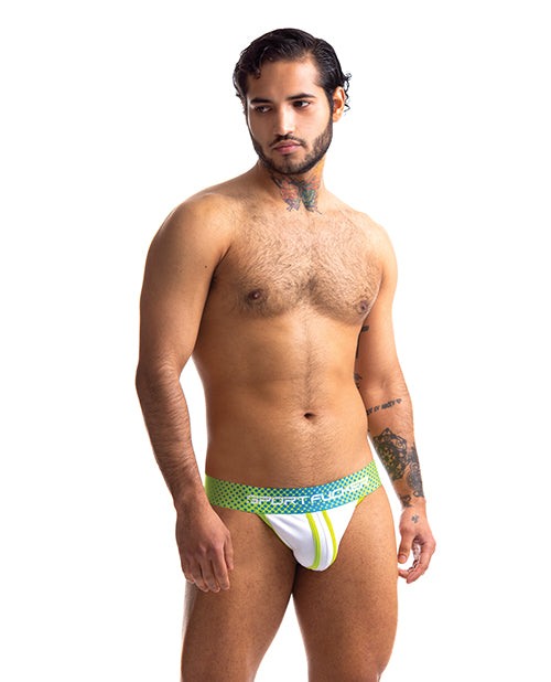 Man wearing Sport Fucker Jersey mesh jockstrap with green waistband and white front panel