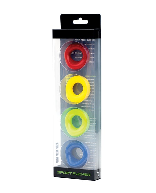 Sport Fucker The Wedge Pack of 4 assorted colorful stretchy cockrings in red, yellow, neon green, and blue for enhanced pleasure and comfort