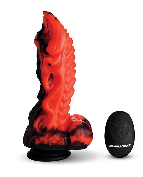 Creature Cocks Dragon Thrust silicone dildo with remote, red and black textured dragon design, suction base, vibrating and thrusting modes