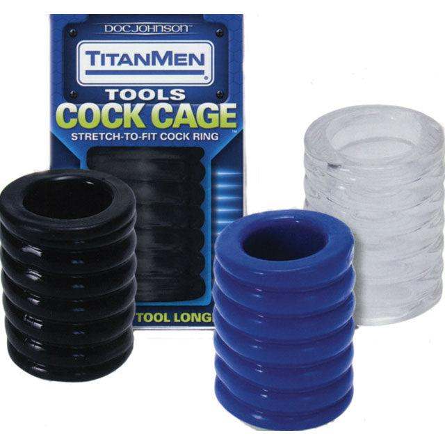 TitanMen Cock Cage stretch-to-fit ribbed cock rings in black, blue, and clear for enhanced stimulation and long-lasting hardness.