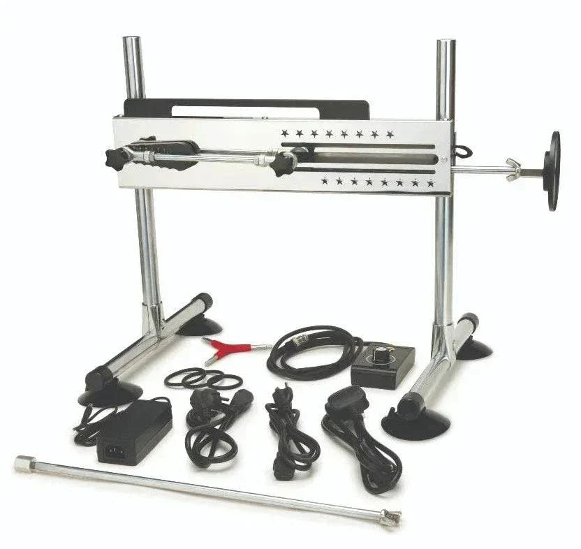 Prowler RED UltraCock Sex Machine with adjustable angles, telescopic shaft, suction cup base, and wired speed controller with accessories