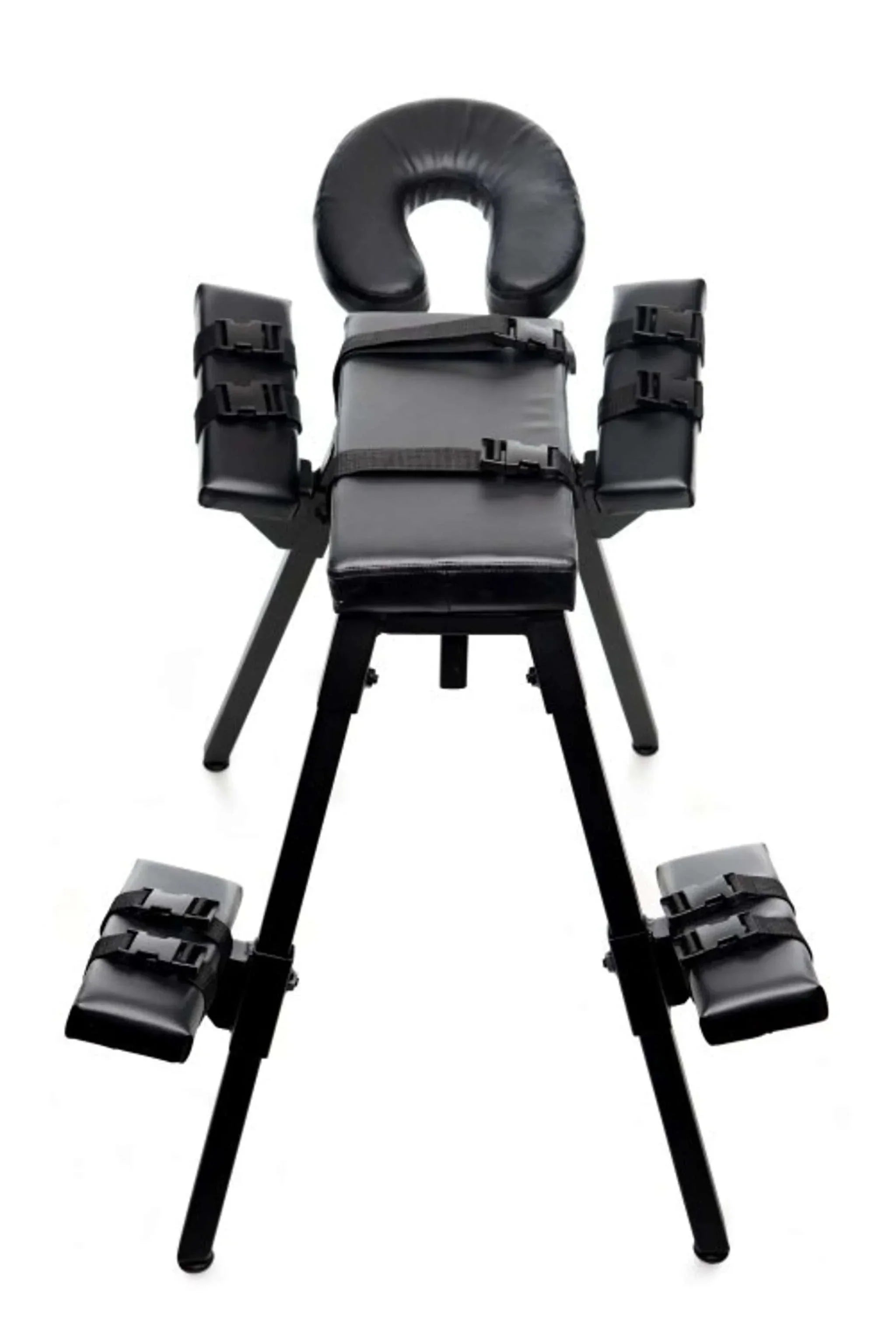 Master Series Obedience Extreme Sex Bench with adjustable straps and padded black PU leather for BDSM play