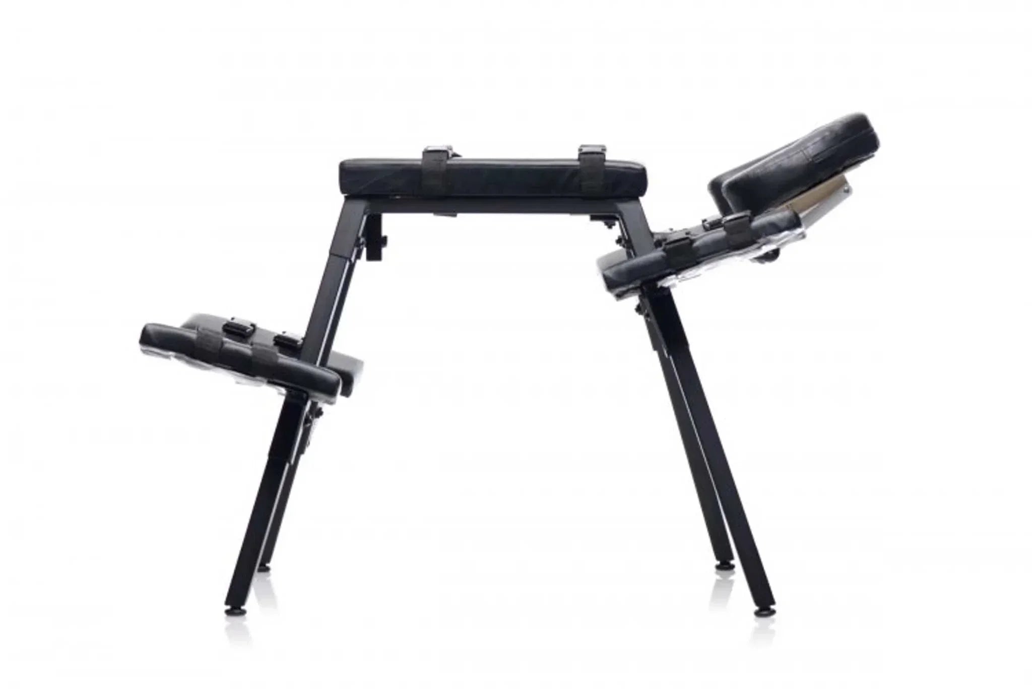 Black MASTER SERIES OBEDIENCE EXTREME SEX BENCH with padded straps and adjustable steel frame for BDSM play