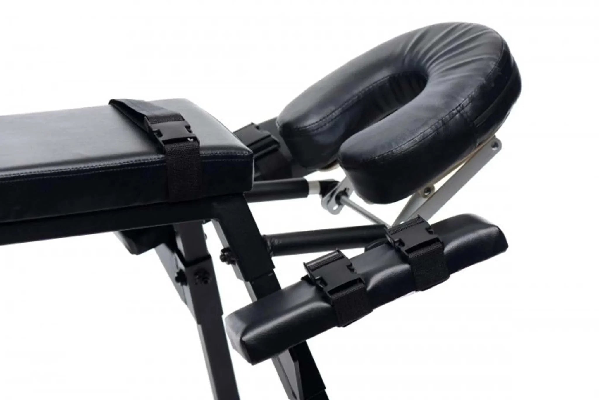 MASTER SERIES Obedience Extreme sex bench in black with padded straps and ergonomic headrest for bondage and impact play
