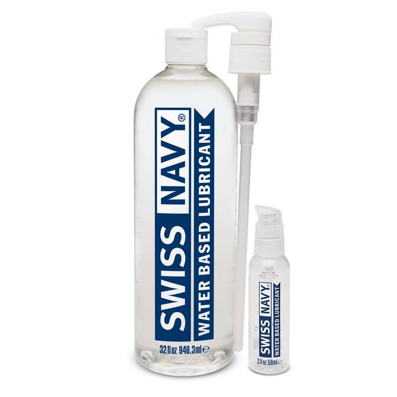 Swiss Navy Water Based Lubricant bottles, featuring sleek dispensers for easy use.