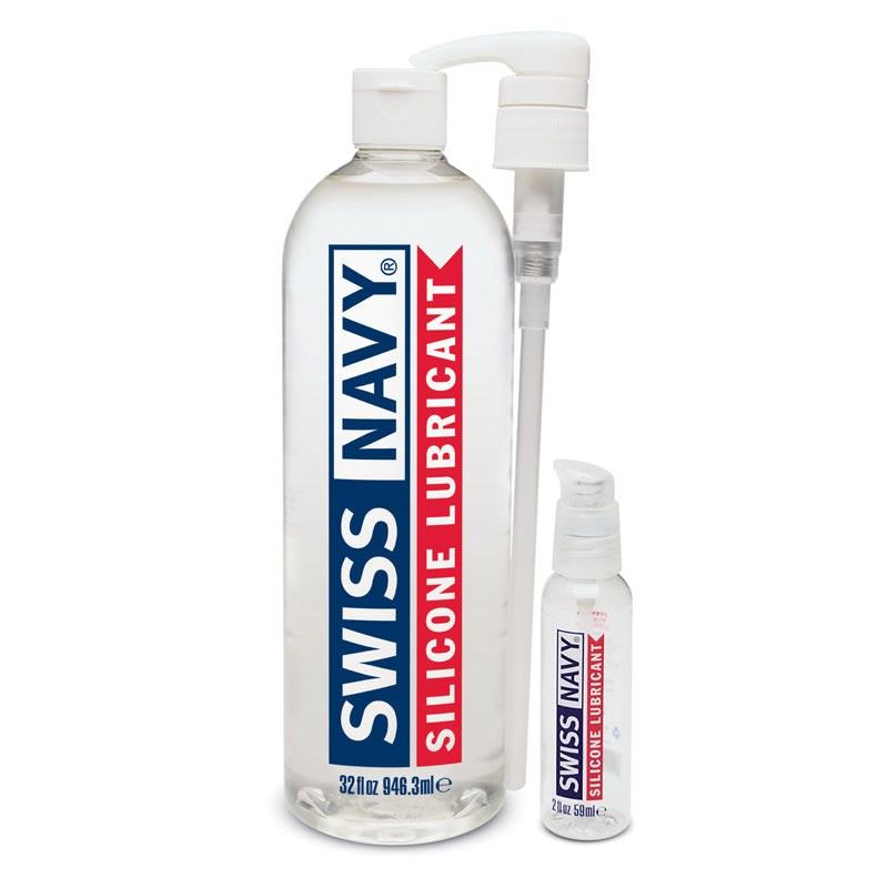 Swiss Navy Silicone Lubricant bottles with pump dispenser.