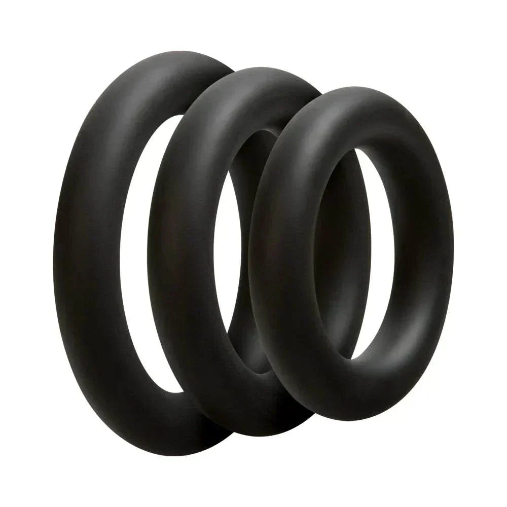 Thick black silicone C-ring set with three sizes for enhanced performance.