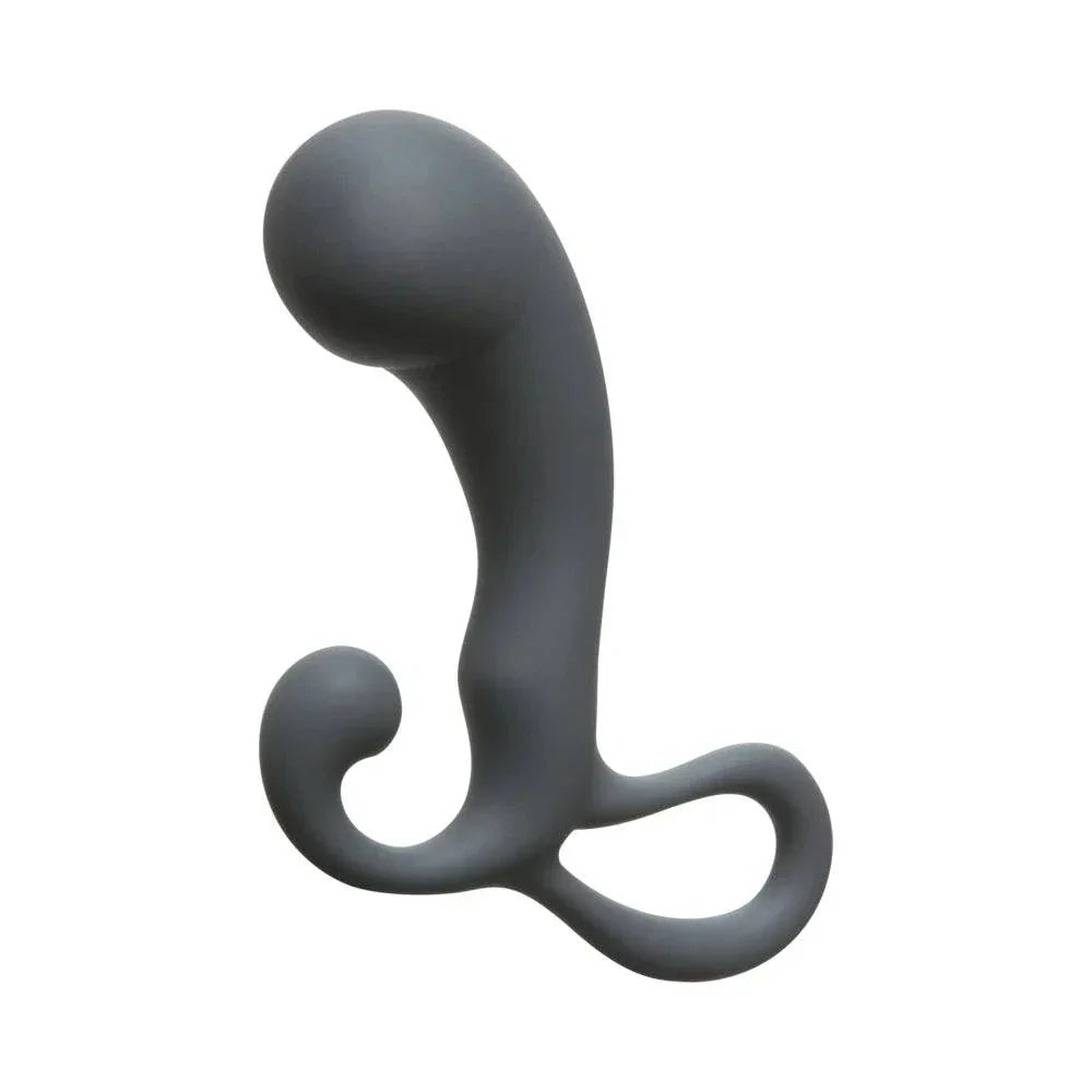 OptiMALE P-Massager Slate prostate stimulator made of flexible, body-safe silicone with ergonomic design and pull ring for easy control.