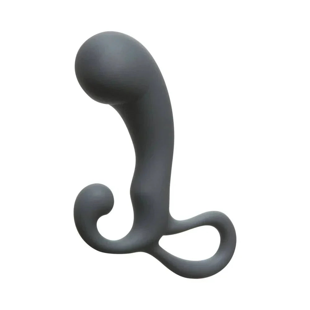 OptiMALE P-Massager prostate stimulator in slate gray silicone with ergonomic design and pull ring for easy control