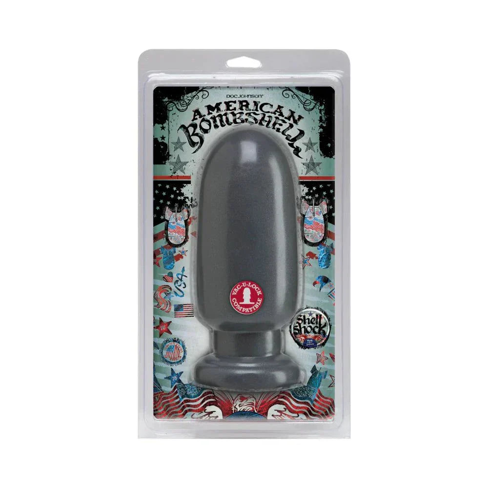 American Bombshell Shellshock Large in packaging, 8.5-inch toy with 10.36-inch girth, durable Gun Metal PVC, phthalate-free, antibacterial Sil-A-Gel formula.