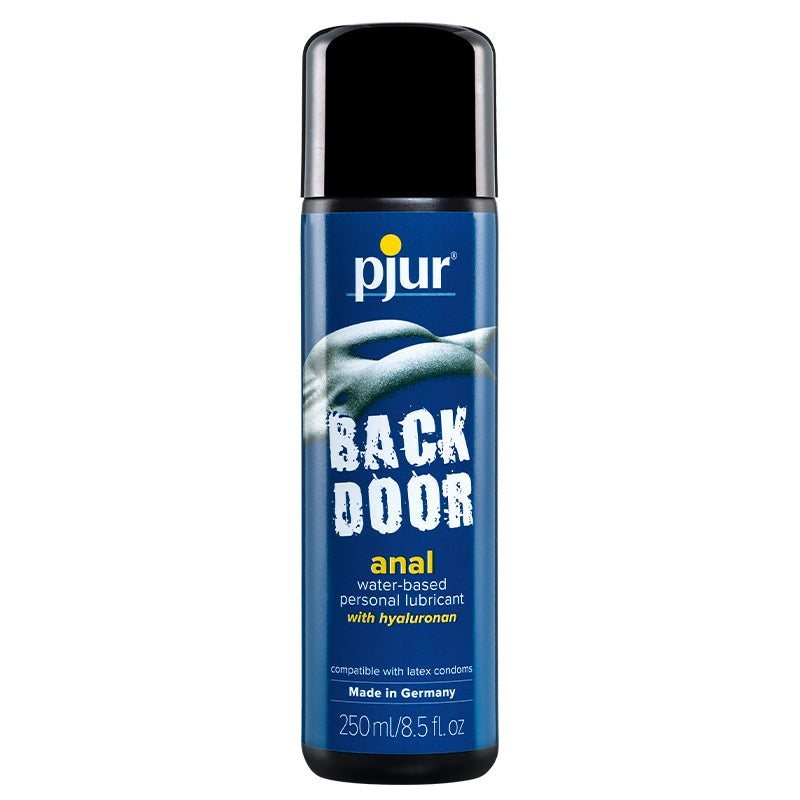 Pjur Back Door Water-Based Lubricant bottle, 250ml, anal lubricant with hyaluronan, water-based, compatible with latex condoms, made in Germany