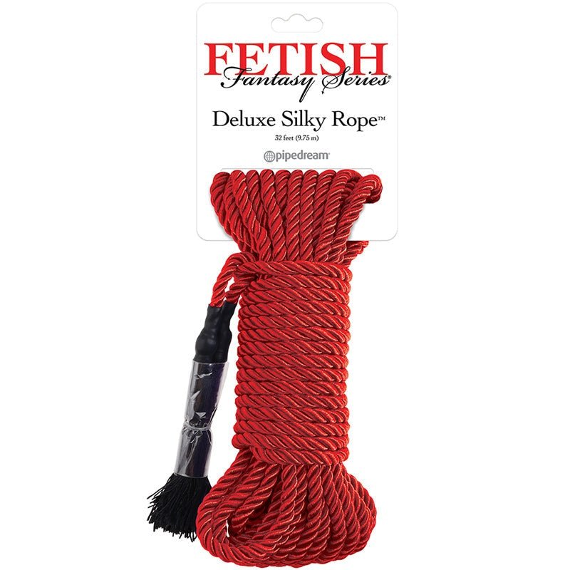 Fetish Fantasy Deluxe Silk Bondage Rope in red, 32 feet long, elegant and soft for comfortable bondage play.