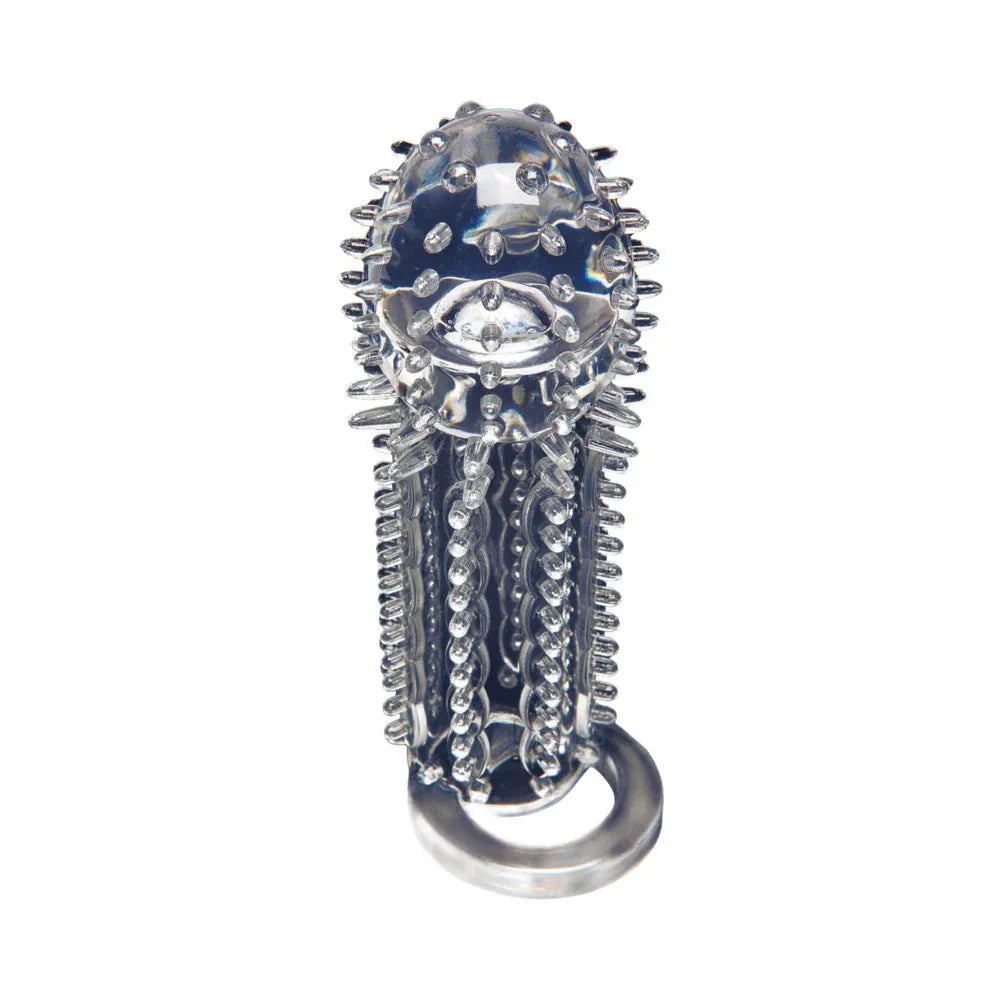 OptiMale Stimulator Extension Clear with nubs and ball strap for enhanced pleasure.