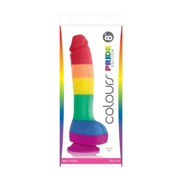 Colours Pride Edition 8 in. dildo with pride colors, balls, and suction cup in packaging.