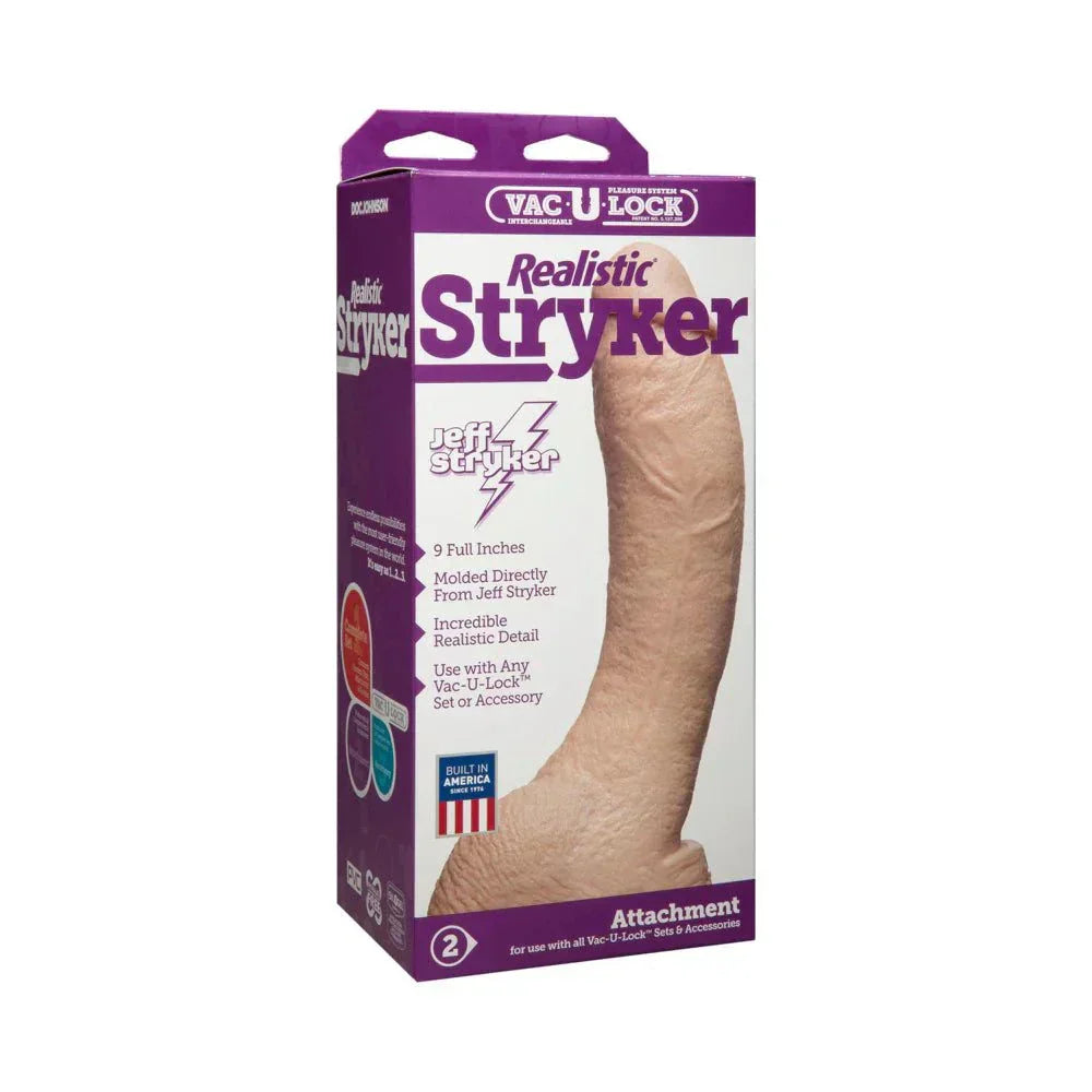 Vac-U-Lock Realistic Stryker White dildo with lifelike texture and Vac-U-Lock harness compatibility.