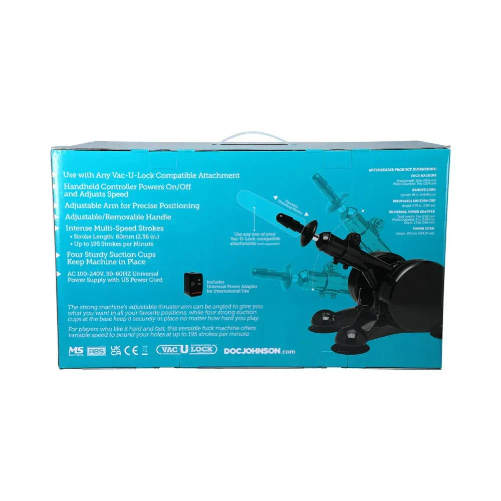 Vac-U-Lock Fucking Machine with adjustable arm, suction cups, variable speed up to 195 strokes per minute, and handheld controller.