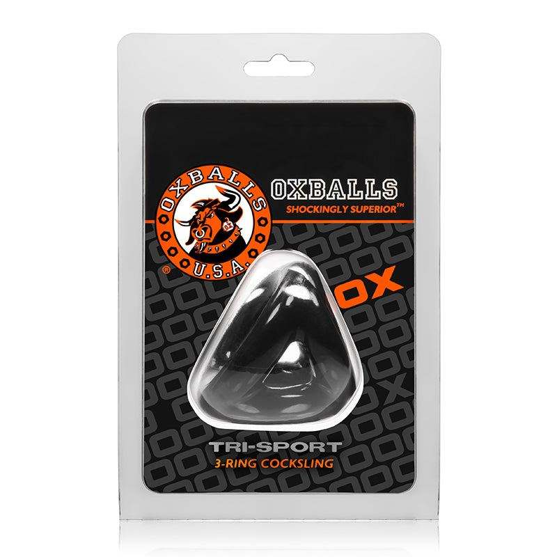 OxBalls Tri-Sport Cocksling in packaging, featuring a unique tri-ring design for enhanced pleasure and performance.