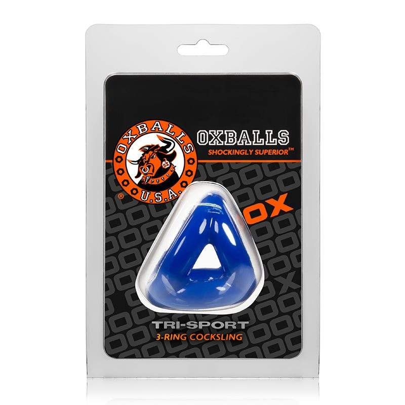 OxBalls Tri-Sport Cocksling in packaging, featuring a blue tri-ring design for enhanced pleasure and performance.