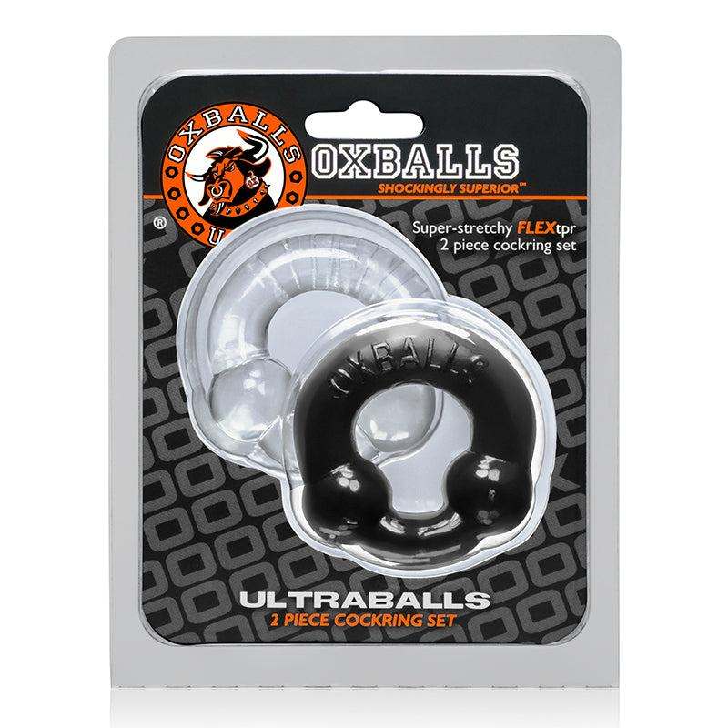 OxBalls Ultraballs 2-Pack Cockring Set packaging featuring two silicone cock rings in black and clear.