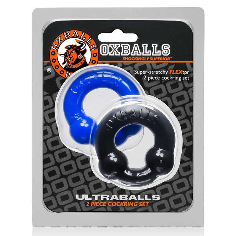 OxBalls Ultraballs 2-Pack Cockring Set in blue and black high-grade silicone for enhanced pleasure and performance