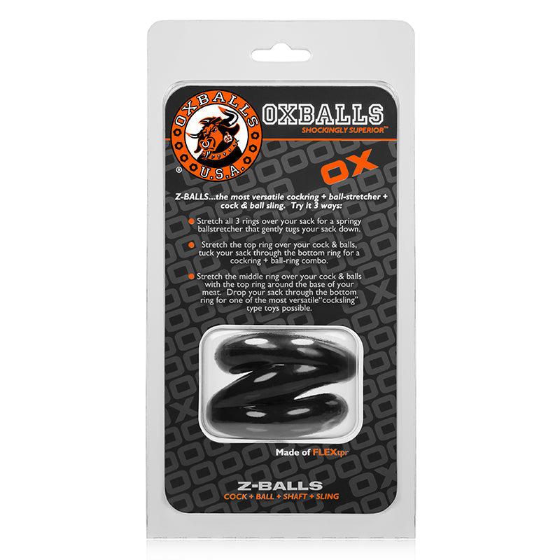 OxBalls Z-Balls Ballstretcher flexible black silicone ring for ball stretching and sensation play in retail packaging