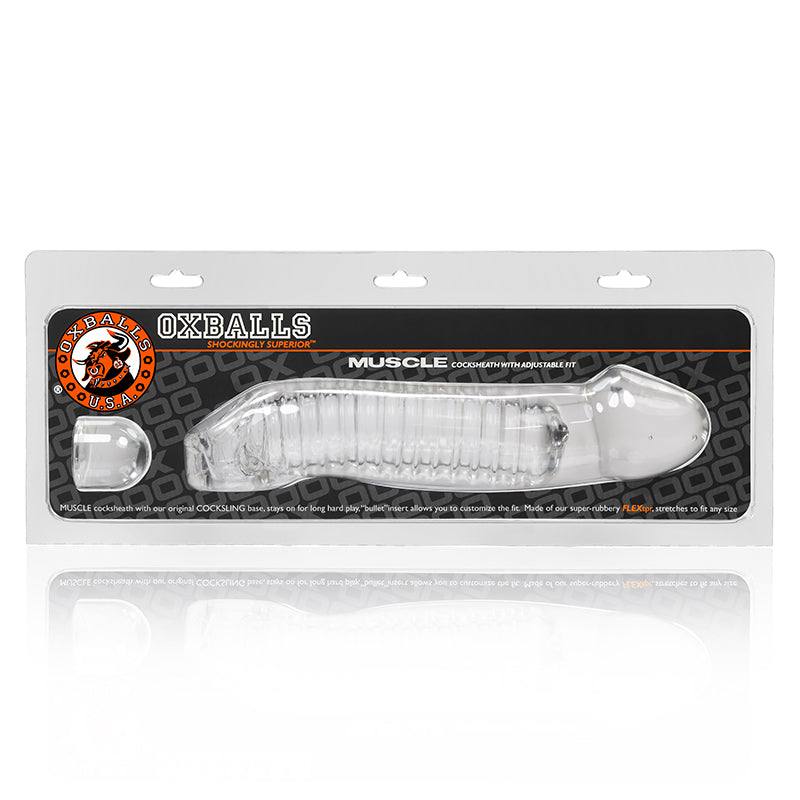 Clear ribbed OxBalls Muscle Cocksheath for enhanced girth and length in intimate play