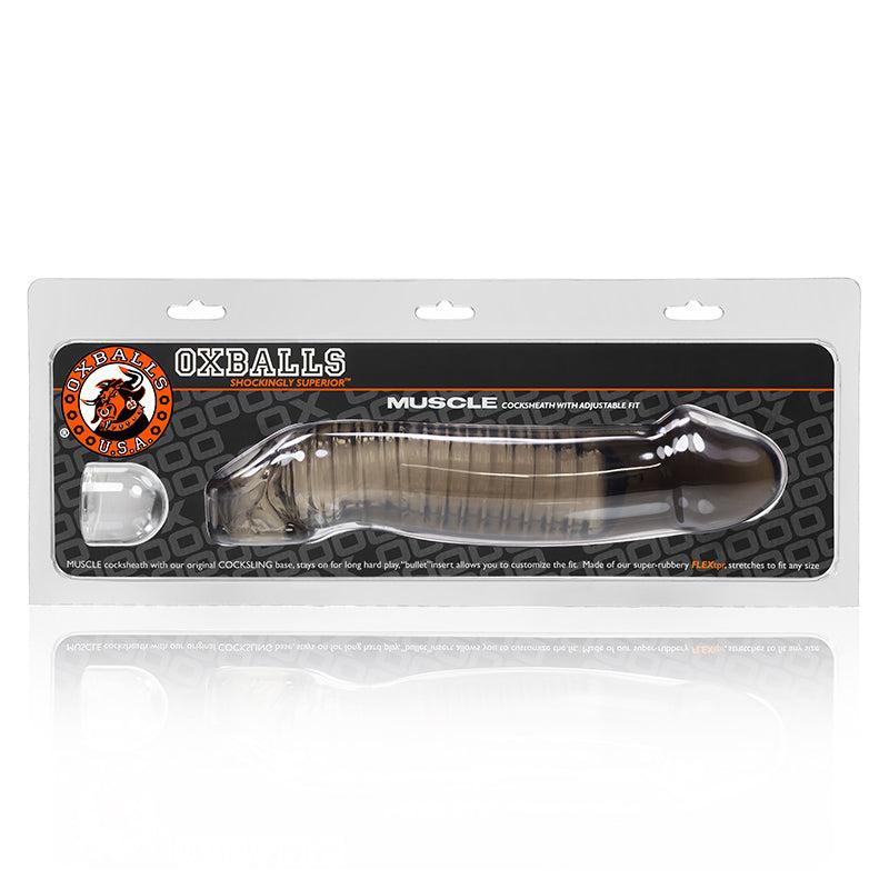 Clear OxBalls Muscle Cocksheath with ribbed texture for enhanced pleasure and adjustable fit in packaging