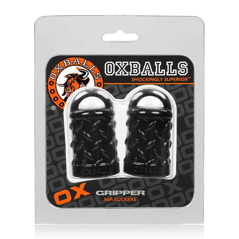 OxBalls Gripper Nipple Suckers in packaging with faux diamond plate detailing.