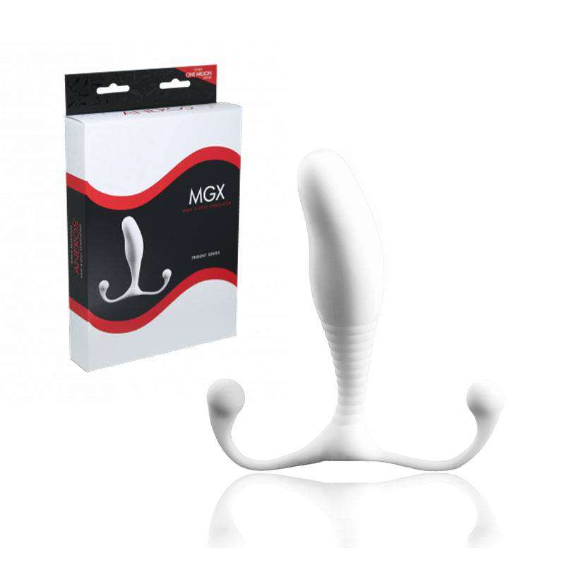 Aneros Trident Series prostate stimulator with ergonomic curved design and ridges for targeted prostate massage next to its packaging box