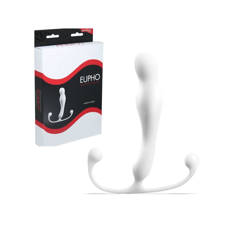 White ergonomic Aneros Trident Series prostate stimulator with curved design and packaging box.