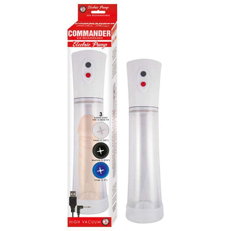 Commander Electric Pump by Nasstoys with adjustable sleeve sizes, USB rechargeable, 11.5-inch cylinder for enhanced performance and comfort.
