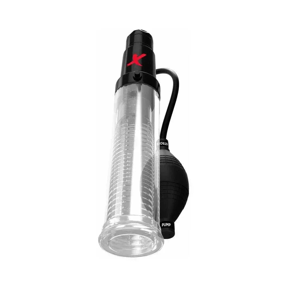 PDX Elite Suck-N-Pump clear vibrating penis pump with suction bulb and stroker sleeve for enhanced pleasure.