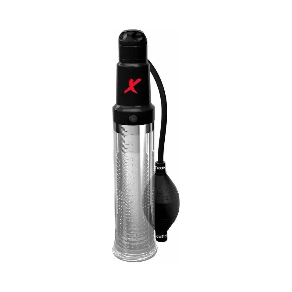 PDX Elite Suck-N-Pump clear vibrating penis pump with suction bulb and textured stroker sleeve for enhanced pleasure.