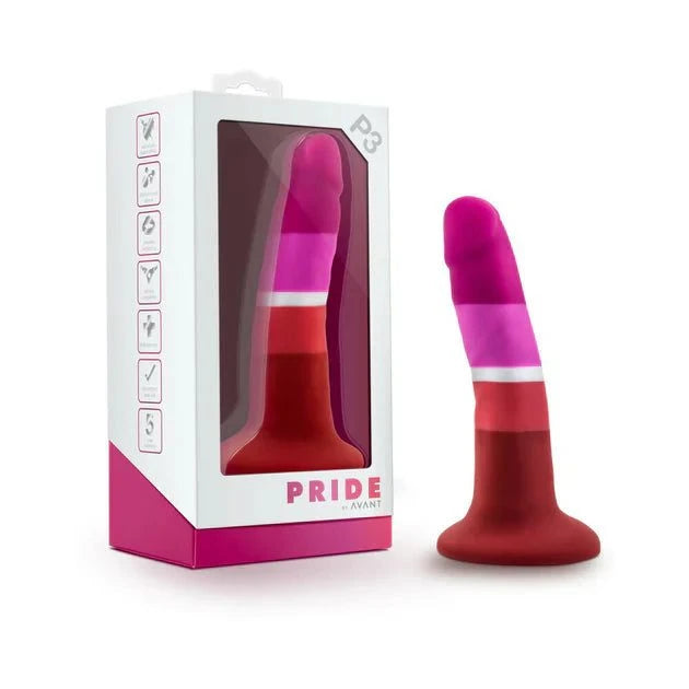 Avant Pride P3 Beauty 5.5 in. Silicone Dildo with colorful design, featuring suction cup base and harness compatibility, made from Puria platinum-cured silicone.