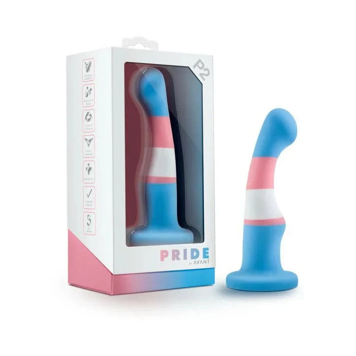 Avant Pride P2 True Blue 6-inch silicone dildo with curved shape, suction cup base, and smooth platinum-cured surface for G and P spot play.