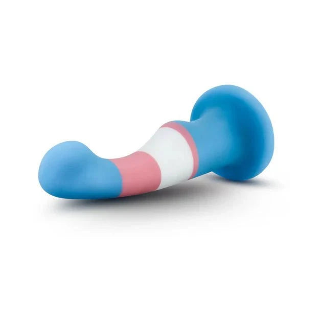 Avant Pride P2 True Blue 6 inch silicone dildo with suction cup base, harness compatible, ultrasilk smooth, platinum-cured silicone, designed for G and P spot play.