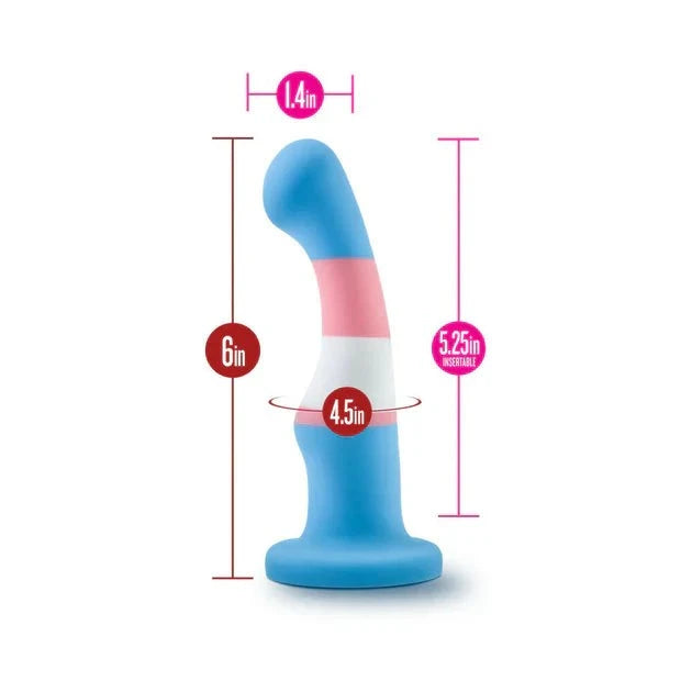 Avant Pride P2 True Blue 6-inch silicone dildo with suction cup base and curved design for G-spot and P-spot stimulation