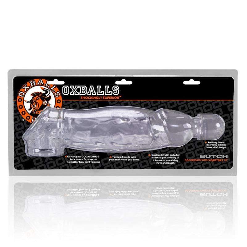 OxBalls Butch Cocksheath in packaging, clear design for enhanced pleasure.