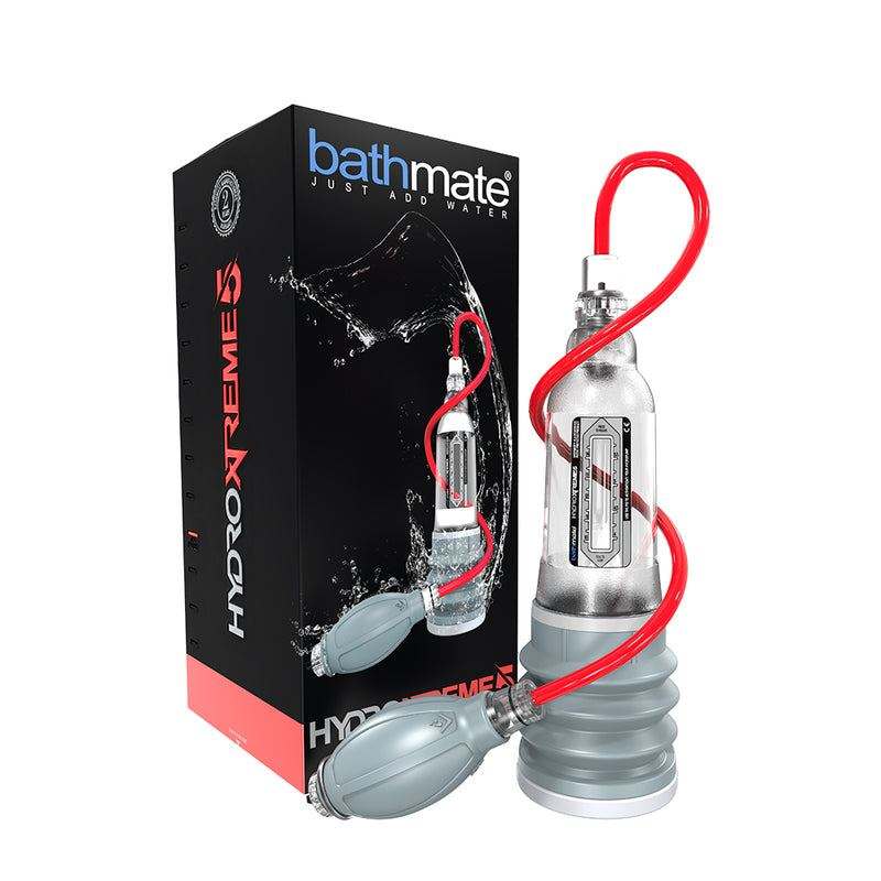 Bathmate HYDROXTREME Series hydrotherapy penis pump with transparent chamber and handball pump.