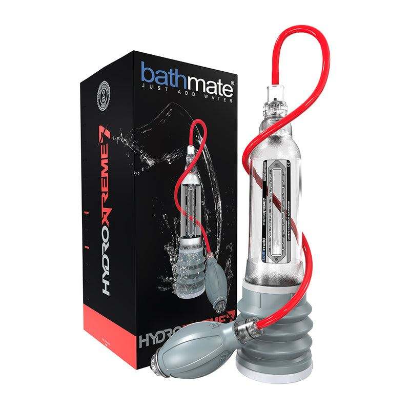 Bathmate HYDROXTREME Series hydrotherapy penis pump with transparent chamber and red handball pump tubing next to black and red product box