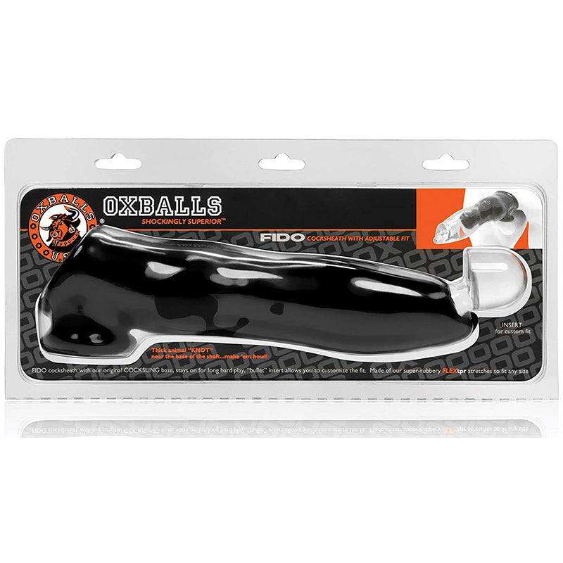 Oxballs FIDO Cocksheath in packaging, black silicone, ribbed texture, open-ended design.