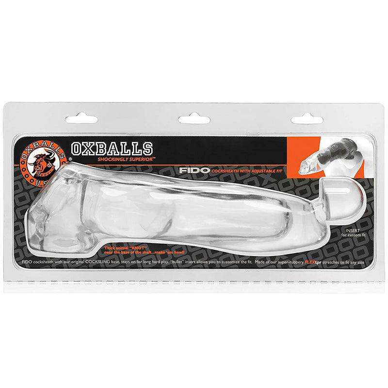 Clear Oxballs FIDO Cocksheath sex toy with adjustable fit in branded packaging