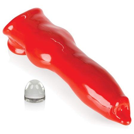 Red Oxballs FIDO Cocksheath made of soft silicone with ribbed texture and open-ended design for enhanced intimate pleasure