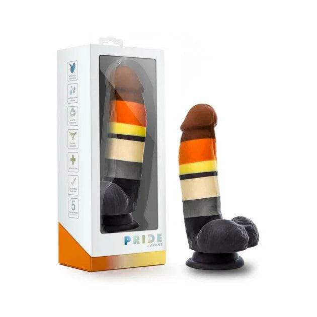 Avant Pride P9 Bear 7-inch silicone dildo with suction cup base in rainbow pride colors and realistic design
