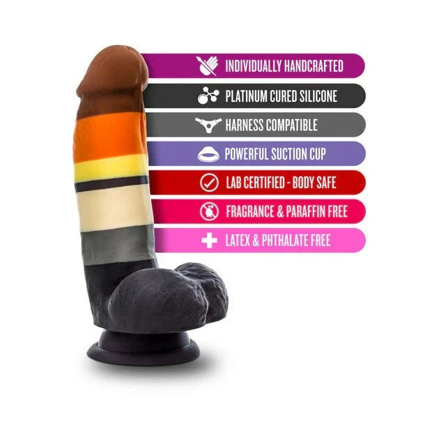 Avant Pride P9 Bear 7-inch silicone dildo with suction cup base and realistic details in pride colors, harness compatible and body-safe.