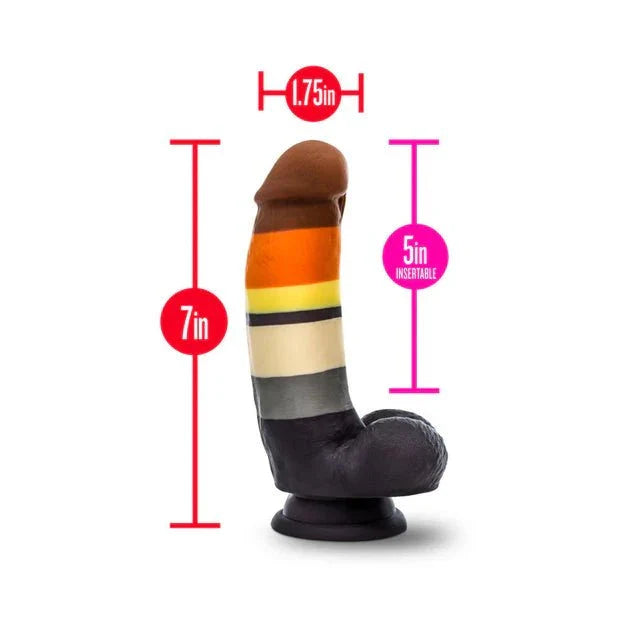 Avant Pride P9 Bear 7-inch silicone dildo with realistic details, suction cup base, and rainbow color stripes.