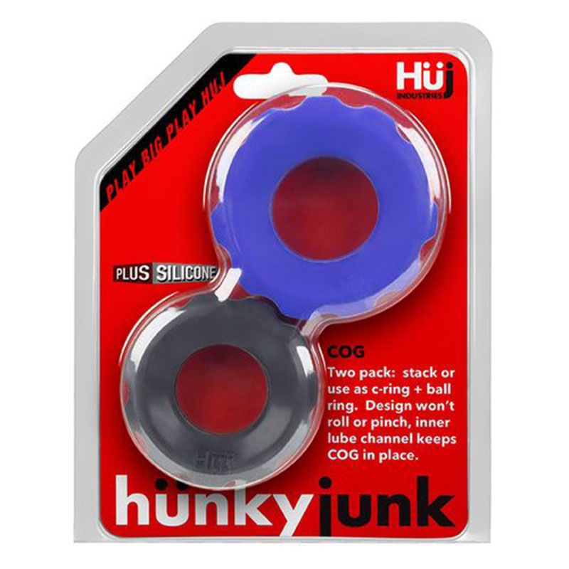 Hunkyjunk COG 2 Size C-Ring Pack with one small black and one large blue silicone ring on red packaging