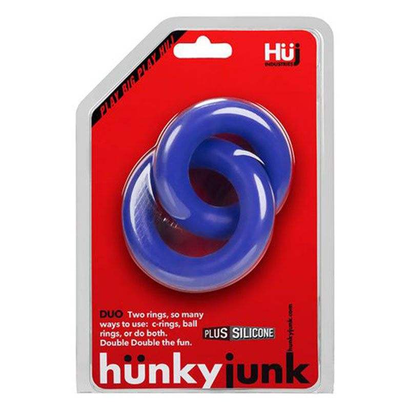 Hunkyjunk DUO Linked Cock/Ball Rings in blue silicone for enhanced pleasure and performance