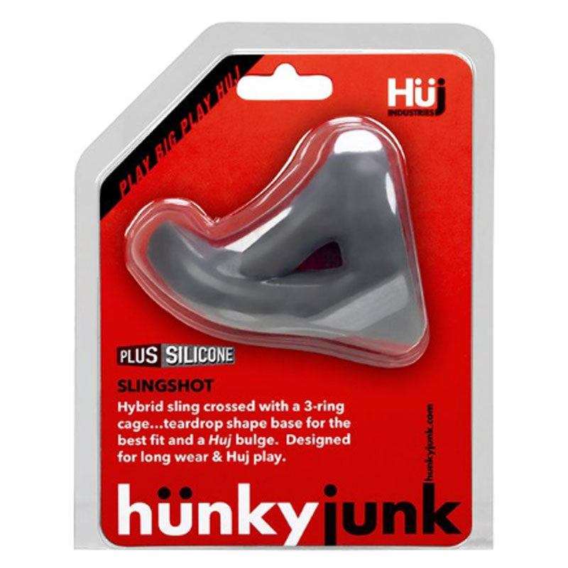 Hunkyjunk SLINGSHOT 3-ring teardrop cock ring in red and black packaging, made of hybrid silicone for comfort and durability.